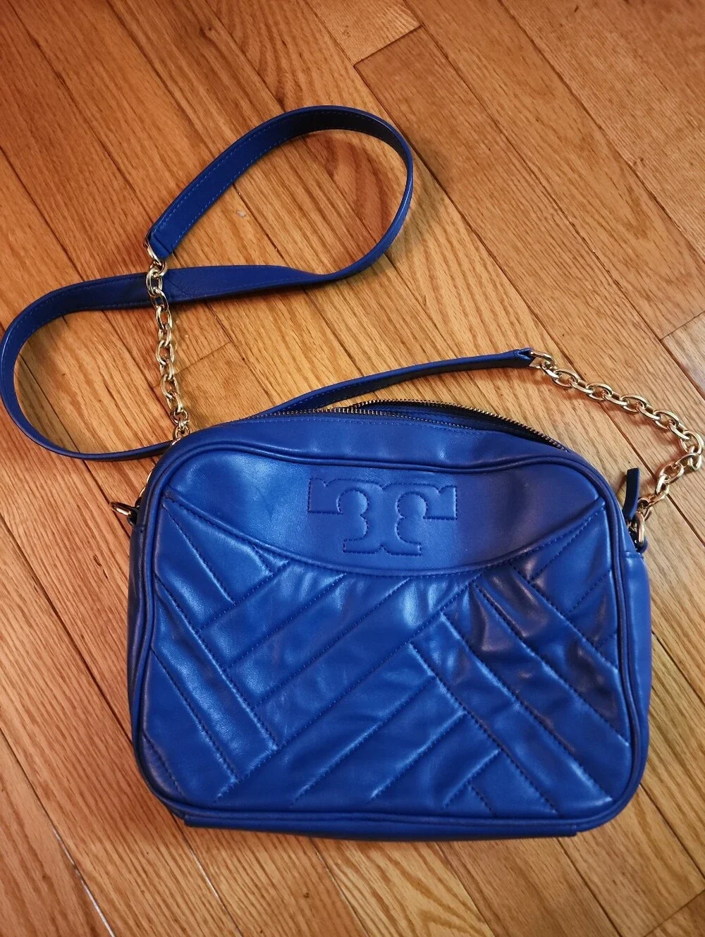 Tory Burch Alexa Royal Blue Quilted Leather Crossbody with Gold Chain